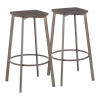 Lumisource B30-CLRASQ ANE2 Clara Industrial Square Barstool in Antique Metal and Espresso Wood-Pressed Grain Bamboo - Set of 2